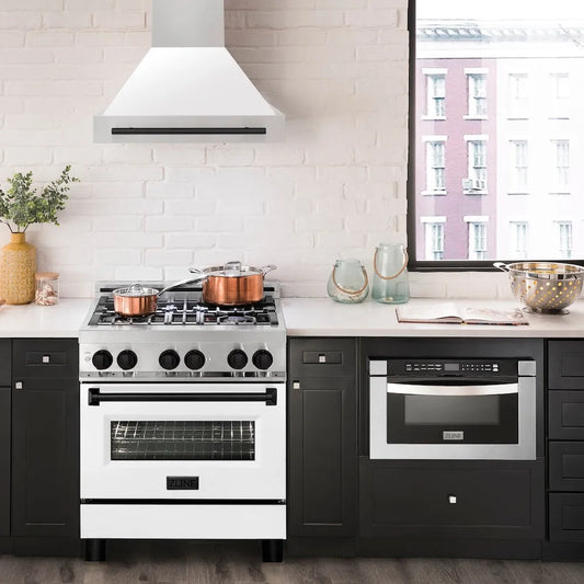 ZLINE Autograph Edition 30 in. Stainless Steel Range Hood with White Matte Shell and Matte Black Handle (8654STZ-WM30-MB) in a luxury kitchen.