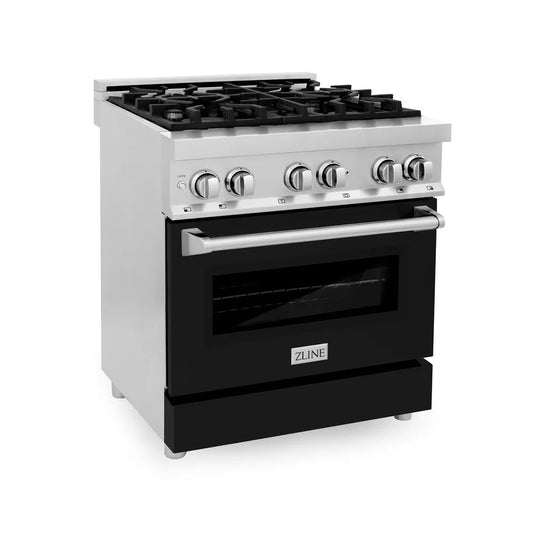 ZLINE 30 in. 4.0 cu. ft. Legacy Dual Fuel Range with 4 Burner Gas Cooktop and Electric Convection Oven in Stainless Steel and Black Matte Door (RA-BLM-30) main image.