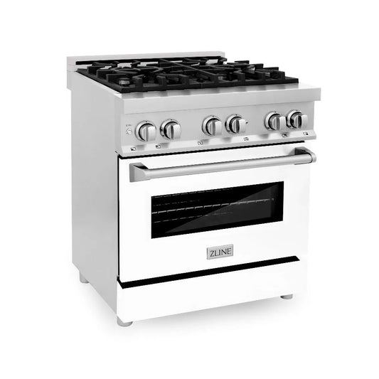 ZLINE 30 in. 4.0 cu. ft. Legacy Dual Fuel Range with 4 Burner Gas Cooktop and Electric Convection Oven in Stainless Steel and White Matte Door (RA-WM-30) main image.
