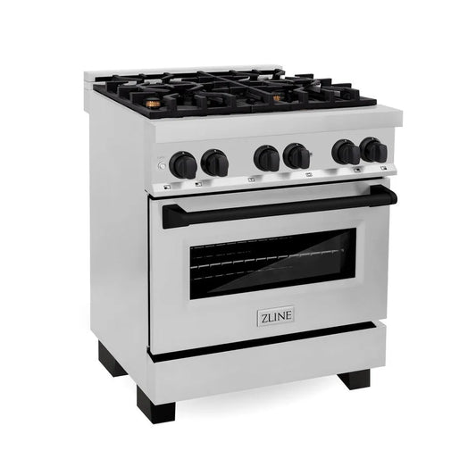 ZLINE Autograph Edition 30 in. 4.0 cu. ft. Legacy Dual Fuel Range with 4 Burner Gas Cooktop and Electric Convection Oven in Stainless Steel and Matte Black Accents (RAZ-30-MB) main image.