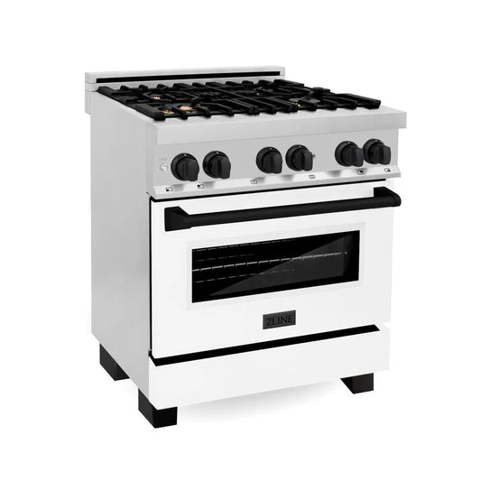 ZLINE Autograph Edition 30 in. 4.0 cu. ft. Legacy Dual Fuel Range with 4 Burner Gas Cooktop and Electric Convection Oven in Stainless Steel with White Matte Door and Matte Black Accents (RAZ-WM-30-MB) main image.