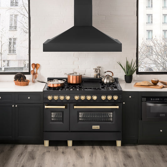 ZLINE 48 in. Ducted Vent Black Stainless Steel Wall Mount Range Hood (BS655N-48) in a luxury kitchen.