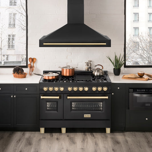 ZLINE 48 in. Black Stainless Steel Range Hood with Polished Gold Handle (BS655Z-48-G) in a luxury kitchen.