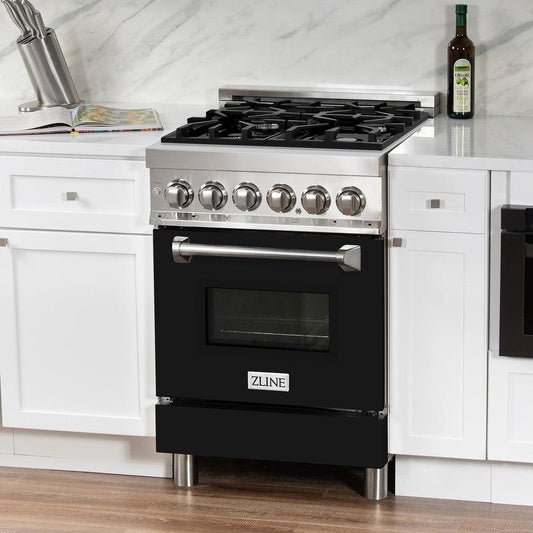 ZLINE 24 in. 2.8 cu. ft. Legacy Dual Fuel Range with 4 Burner Gas Cooktop and Electric Convection Oven in Stainless Steel and Black Matte Door (RA-BLM-24) in a luxury kitchen.