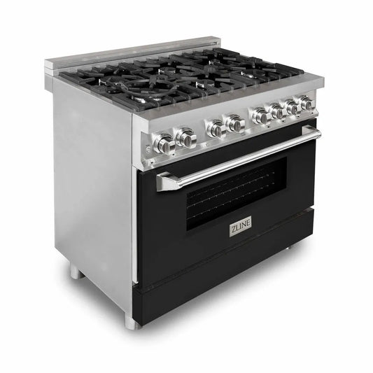 ZLINE 36 in. 4.6 cu. ft. Legacy Dual Fuel Range with 6 Burner Gas Cooktop and Electric Convection Oven in Stainless Steel and Black Matte Door (RA-BLM-36) main image.