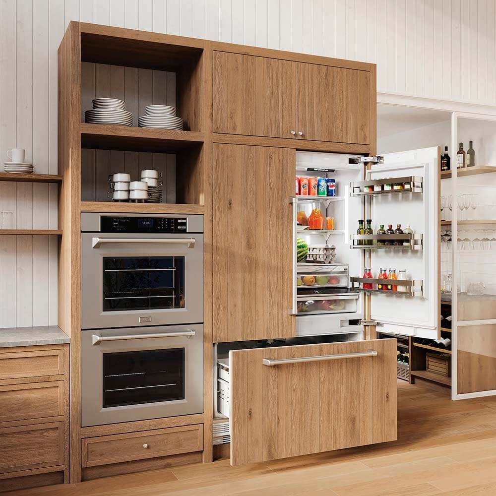 ZLINE Built-in Refrigerator with custom wood panels and double wall oven in a wood-themed home.