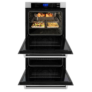ZLINE 30 in. Electric Double Wall Oven (AWD-30) front, doors open and food inside top oven.