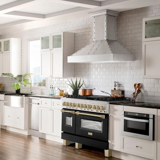 ZLINE Autograph Edition 48 in. 6.0 cu. ft. Legacy Dual Fuel Range with 7 Burner Gas Cooktop and 2 Electric Ovens in Stainless Steel with Black Matte Doors and Champagne Bronze Accents (RAZ-BLM-48-CB) in a luxury kitchen with matching appliances.