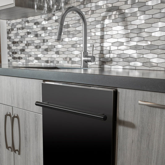 ZLINE 24 in. Top Control Dishwasher with Black Stainless Steel Panel and Modern Style Handle, 52dBa (DW-BS-H-24) built-in to modern grey cabinets in a luxury kitchen.