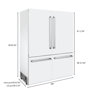 ZLINE 60 in. 32.2 cu. ft. Built-in 4-Door French Door Refrigerator with Internal Water and Ice Dispenser in White Matte (RBIV-WM-60) dimensional diagram with measurements.