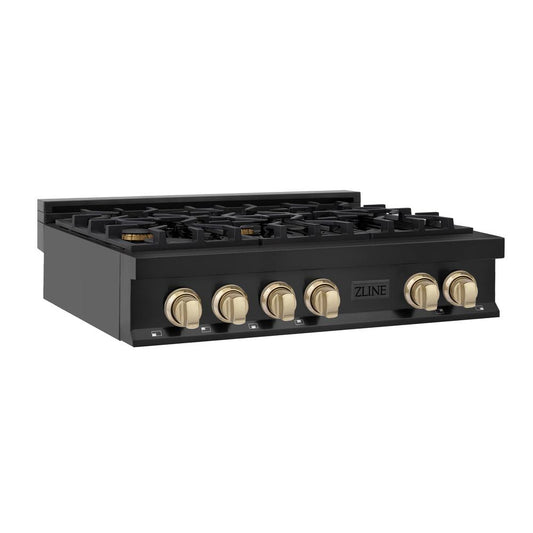 ZLINE Autograph Edition 36 in. Legacy Gas Rangetop with 6 Burners and Porcelain Cooktop in Black Stainless Steel with Polished Gold Accents (RTBZ-36-G) side.