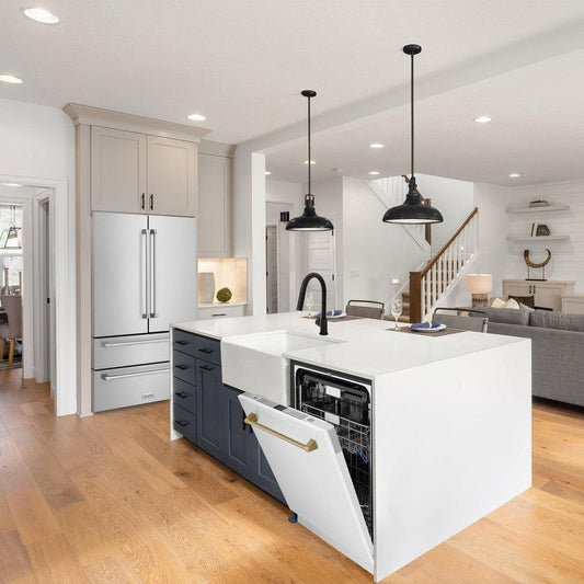 ZLINE Autograph Edition 24 in. Monument Dishwasher in White Matte with Champagne Bronze Handle (DWMTZ-WM-24-CB) in rustic farmhouse style kitchen with white cabinets and countertops