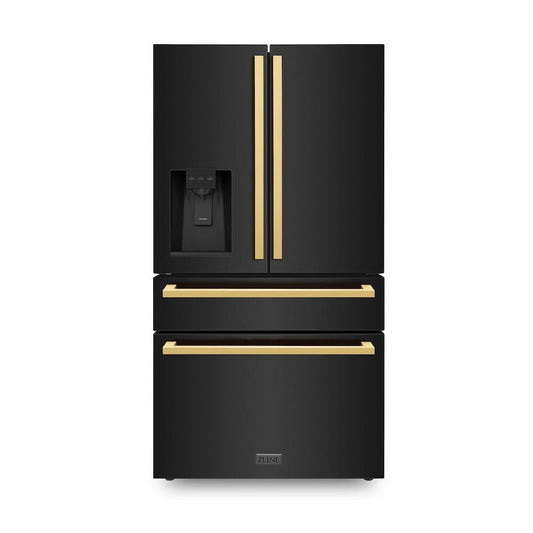 ZLINE Autograph Edition 36 in. 21.6 cu. ft. Counter-Depth French Door Refrigerator with Water and Ice Dispenser in Fingerprint-Resistant Black Stainless Steel with Polished Gold Modern Handles (RFMZ-W-36-BS-FG) front, closed.
