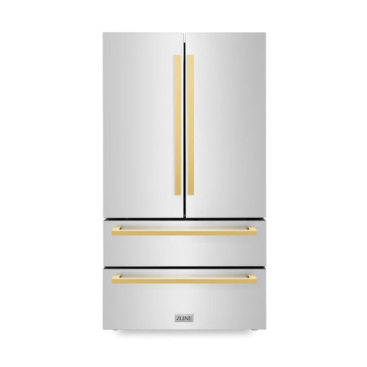 ZLINE Autograph Edition 36 in. 22.5 cu. ft. Counter-Depth French Door Refrigerator with Ice Maker in Fingerprint-Resistant Stainless Steel with Polished Gold Modern Handles (RFMZ-36-FG) front, closed.