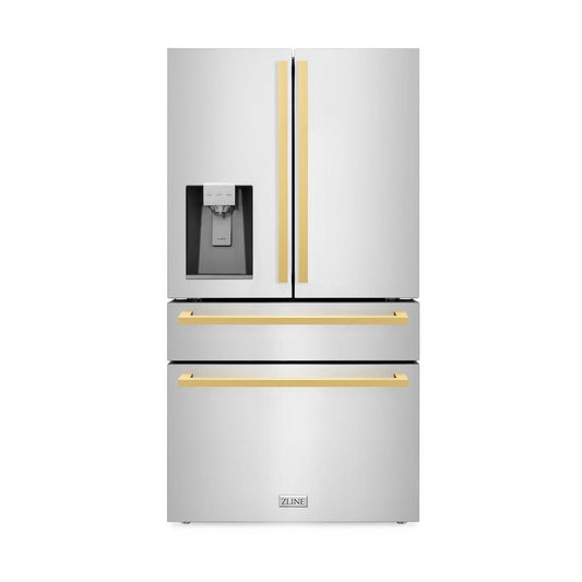 ZLINE Autograph Edition 36 in. 21.6 cu. ft. Counter-Depth French Door Refrigerator with Water and Ice Dispenser in Fingerprint-Resistant Stainless Steel with Polished Gold Modern Handles (RFMZ-W-36-FG) front, closed.