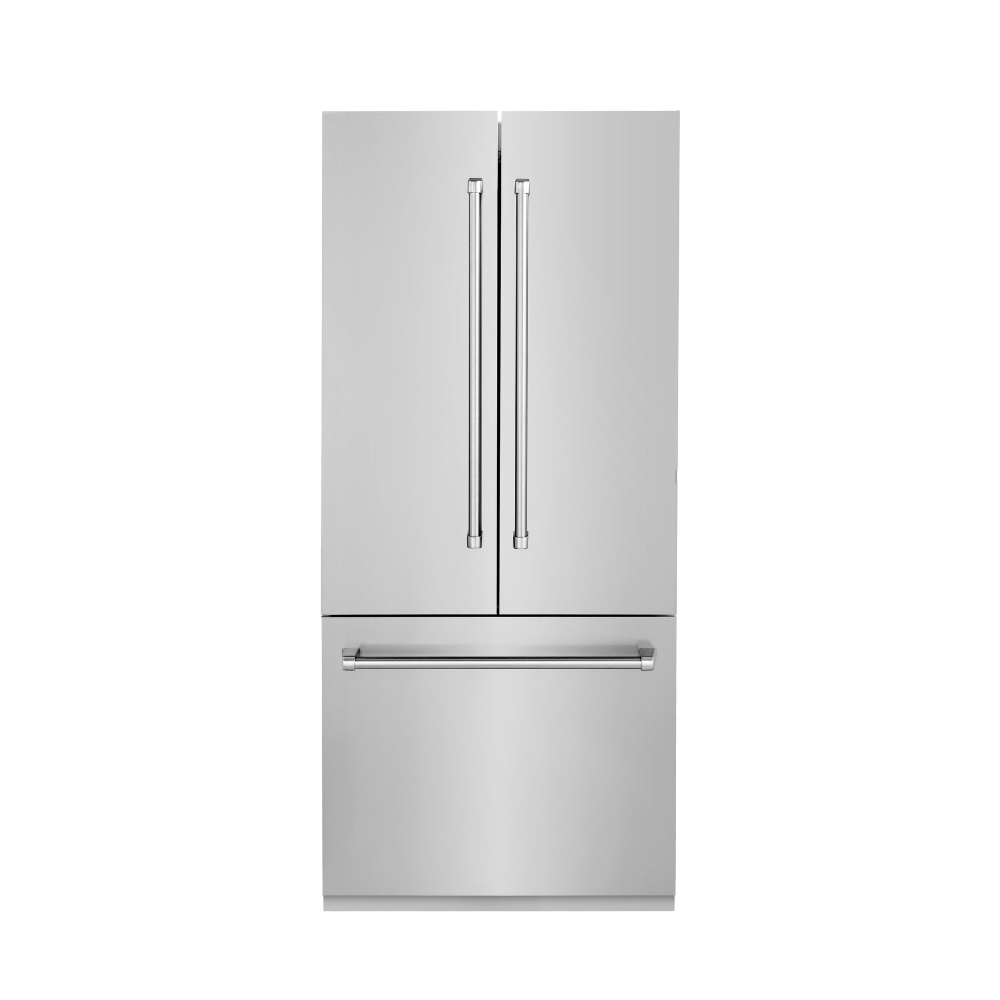 ZLINE 36 in. 19.6 cu. Ft. Panel Ready Built-in 3-Door French Door Refrigerator with Internal Water and Ice Dispenser (RBIV-36) front with stainless steel panels.