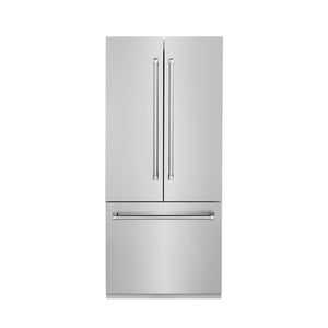 ZLINE 36 in. 19.6 cu. Ft. Panel Ready Built-in 3-Door French Door Refrigerator with Internal Water and Ice Dispenser (RBIV-36) front with stainless steel panels.