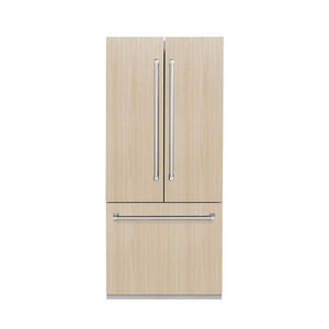 ZLINE 36 in. 19.6 cu. Ft. Panel Ready Built-in 3-Door French Door Refrigerator with Internal Water and Ice Dispenser (RBIV-36) front, with custom panels and handles.