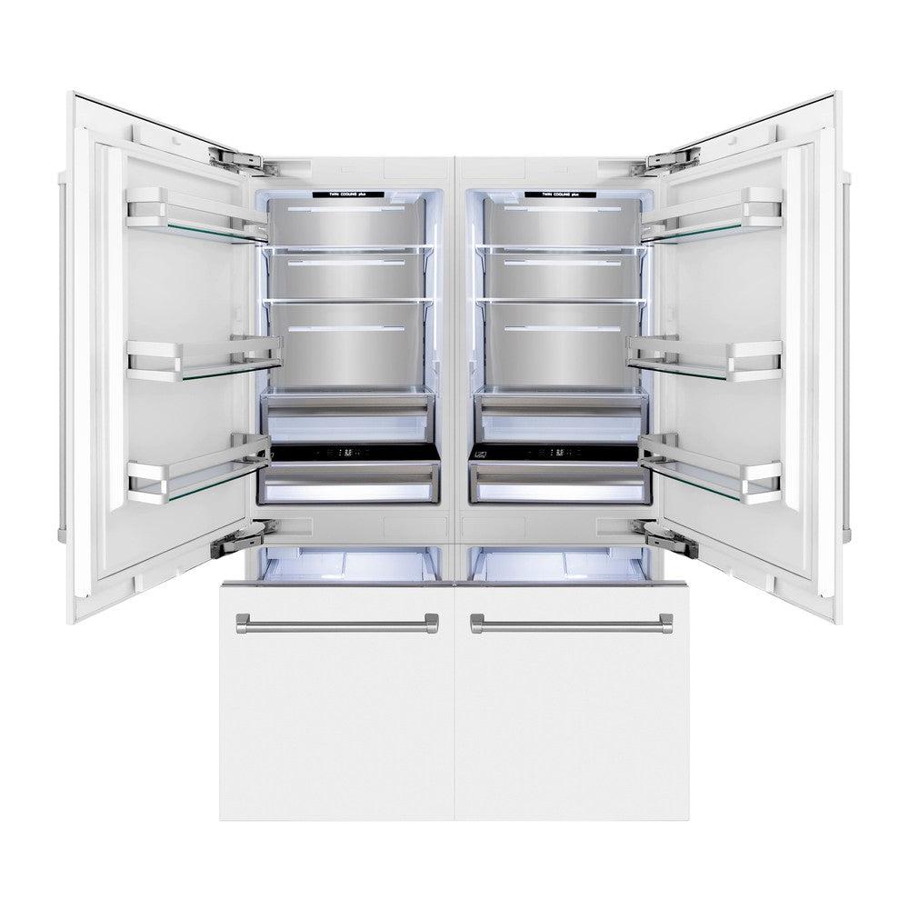 ZLINE 60 in. 32.2 cu. ft. Built-in 4-Door French Door Refrigerator with Internal Water and Ice Dispenser in White Matte (RBIV-WM-60) front, doors and freezer drawers open with lights on.