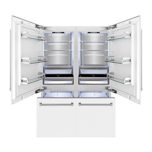 ZLINE 60 in. 32.2 cu. ft. Built-in 4-Door French Door Refrigerator with Internal Water and Ice Dispenser in White Matte (RBIV-WM-60) front, doors and freezer drawers open with lights on.