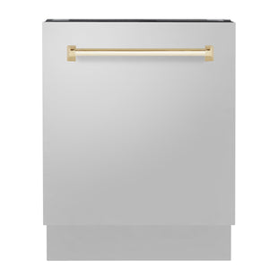 ZLINE Autograph Edition 24 in. 3rd Rack Top Control Tall Tub Dishwasher in Stainless Steel with Polished Gold Handle, 51dBa (DWVZ-304-24-G) front.