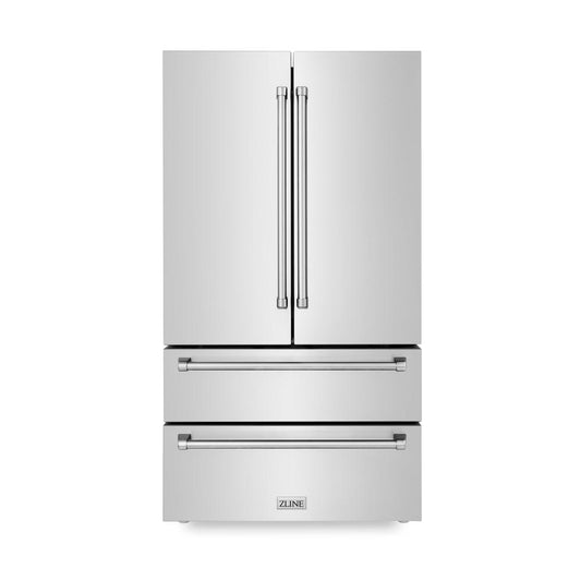 ZLINE 36 in. 22.5 cu. ft. Counter-Depth French Door Refrigerator with Ice Maker in Fingerprint-Resistant Stainless Steel (RFM-36) front, closed.
