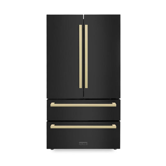 ZLINE Autograph Edition 36 in. 22.5 cu. ft. Counter-Depth French Door Refrigerator with Ice Maker in Fingerprint-Resistant Black Stainless Steel and Champagne Bronze Modern Handles (RFMZ-36-BS-FCB) front, closed.