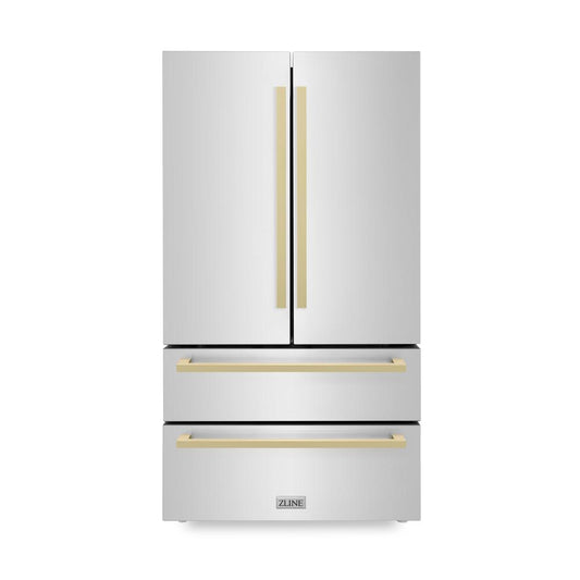 ZLINE Autograph Edition 36 in. 22.5 cu. ft. Counter-Depth French Door Refrigerator with Ice Maker in Fingerprint-Resistant Stainless Steel with Champagne Bronze Modern Handles (RFMZ-36-FCB) front, closed.