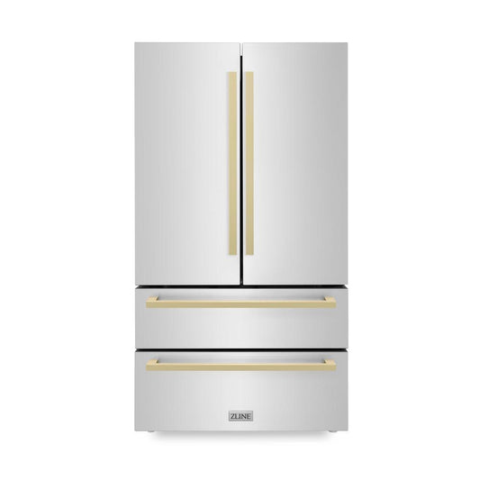 ZLINE Autograph Edition 36 in. 22.5 cu. ft. Counter-Depth French Door Refrigerator with Ice Maker in Fingerprint-Resistant Stainless Steel with Champagne Bronze Modern Handles (RFMZ-36-FCB) front, closed.