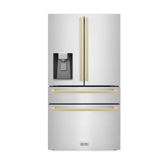 ZLINE Autograph Edition 36 in. 21.6 cu. ft. Counter-Depth French Door Refrigerator with Water and Ice Dispenser in Fingerprint-Resistant Stainless Steel with Champagne Bronze Modern Handles (RFMZ-W-36-FCB) front, closed.