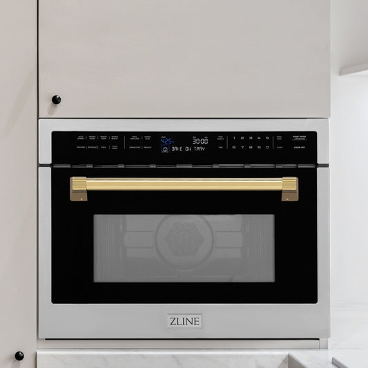 ZLINE Autograph Edition 24 in. 1.6 cu ft. Built-in Convection Microwave Oven in Stainless Steel with Polished Gold Accents (MWOZ-24-G) built-in to white kitchen wall.