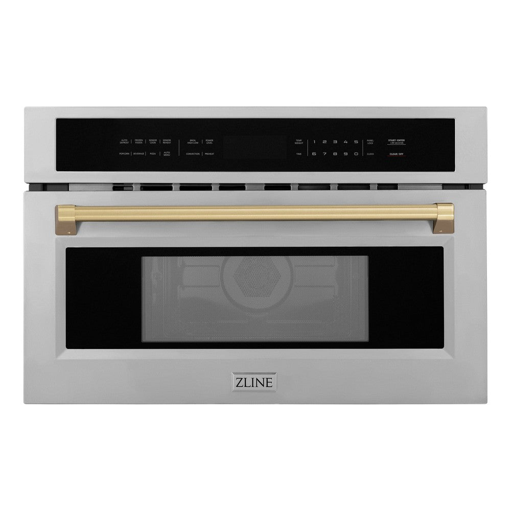 ZLINE Autograph Edition 30 in. 1.6 cu ft. Built-in Convection Microwave Oven in Stainless Steel with Champagne Bronze Accents (MWOZ-30-CB) front.