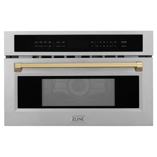 ZLINE Autograph Edition 30 in. 1.6 cu ft. Built-in Convection Microwave Oven in Fingerprint Resistant Satin Stainless Steel with Champagne Bronze Accents (MWOZ-30-SS-CB)