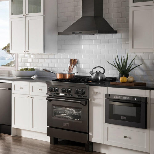 ZLINE 30 in. 4.0 cu. ft. Legacy Dual Fuel Range with Gas Cooktop and Electric Convection Oven in Black Stainless Steel with 4 Brass Burners (RAB-BR-30) in a luxury kitchen.