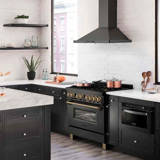 ZLINE Autograph Edition 36 in. 4.6 cu. ft. Legacy Dual Fuel Range with 6 Burner Gas Cooktop and Electric Convection Oven in Black Stainless Steel and Champagne Bronze Accents (RABZ-36-CB) in a luxury kitchen, side.