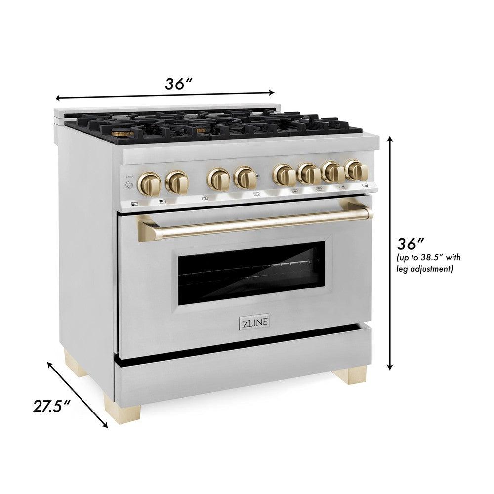 ZLINE Autograph Edition 36 in. 4.6 cu. ft. Dual Fuel Range with Gas Stove and Electric Oven in Stainless Steel with Polished Gold Accents (RAZ-36-G) dimensional diagram with measurements.