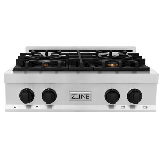 ZLINE Autograph Edition 30 in. Legacy Gas Rangetop with 4 Burners and Porcelain Cooktop in Stainless Steel with Matte Black Accents (RTZ-30-MB) front.