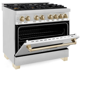 ZLINE Autograph Edition 36 in. 4.6 cu. ft. Dual Fuel Range with Gas Stove and Electric Oven in Stainless Steel with Polished Gold Accents (RAZ-36-G) side, oven door half open.