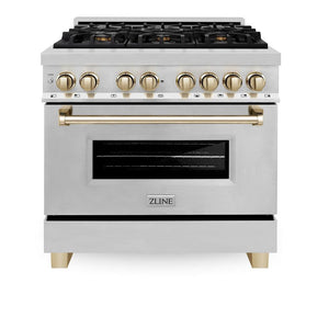 ZLINE Autograph Edition 36 in. 4.6 cu. ft. Dual Fuel Range with Gas Stove and Electric Oven in Stainless Steel with Polished Gold Accents (RAZ-36-G) front.