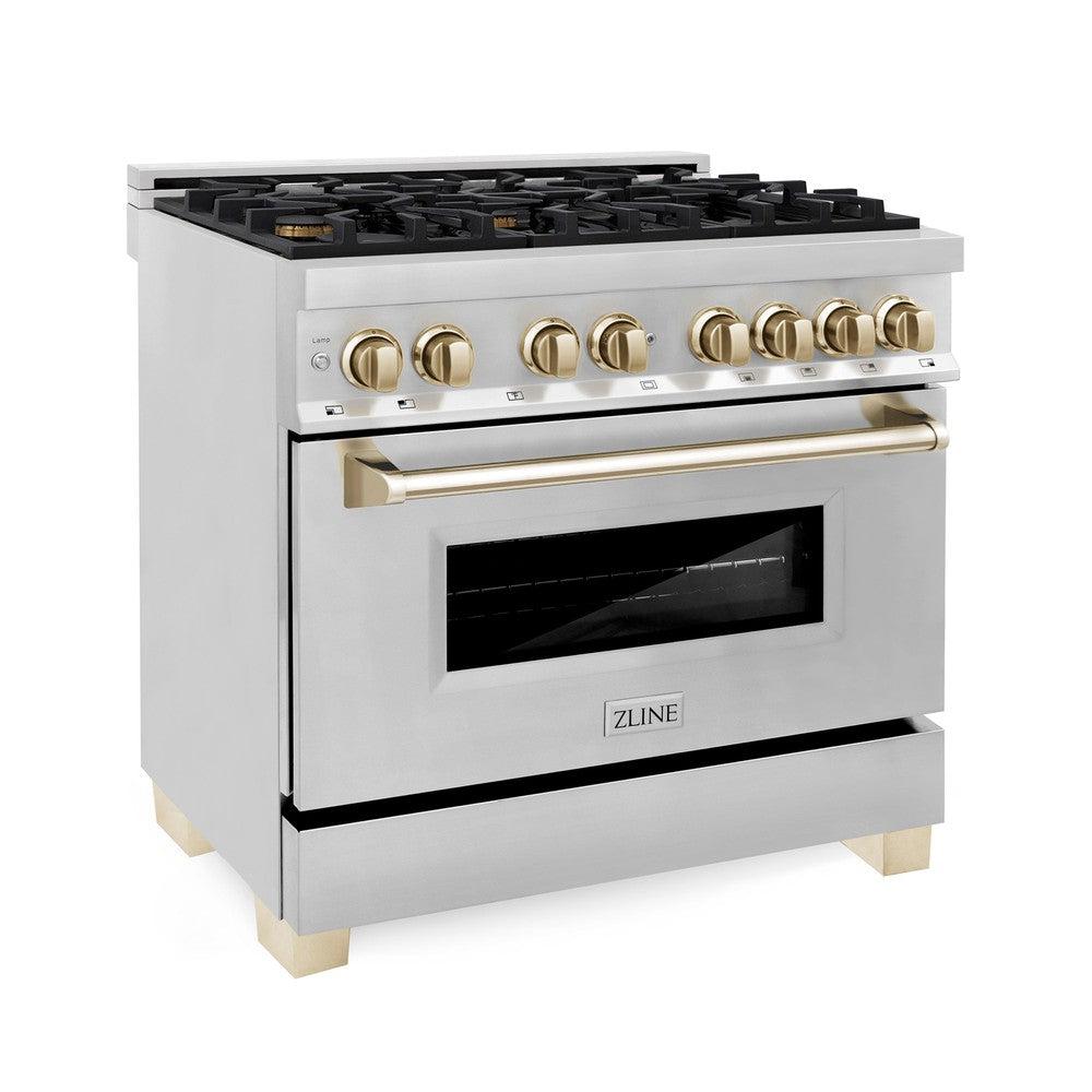 ZLINE Autograph Edition 36 in. 4.6 cu. ft. Dual Fuel Range with Gas Stove and Electric Oven in Stainless Steel with Polished Gold Accents (RAZ-36-G) side, oven closed.
