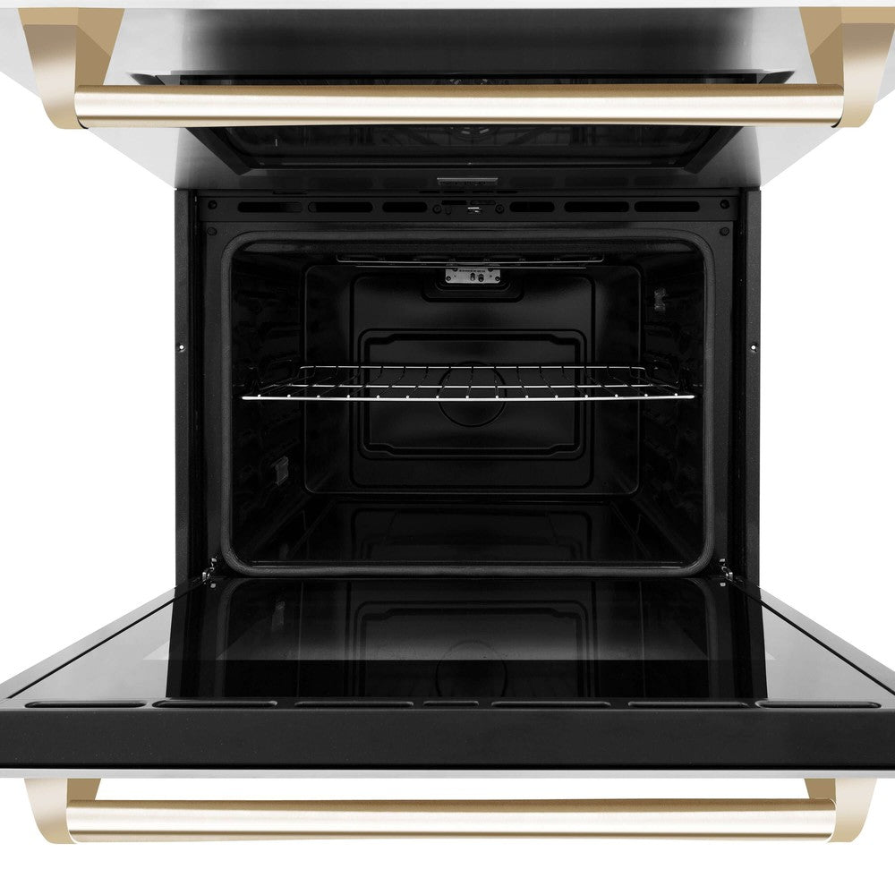 ZLINE Autograph Edition 30 in. Electric Double Wall Oven with Self Clean and True Convection in Stainless Steel and Polished Gold Accents (AWDZ-30-G) front, close-up bottom oven open.