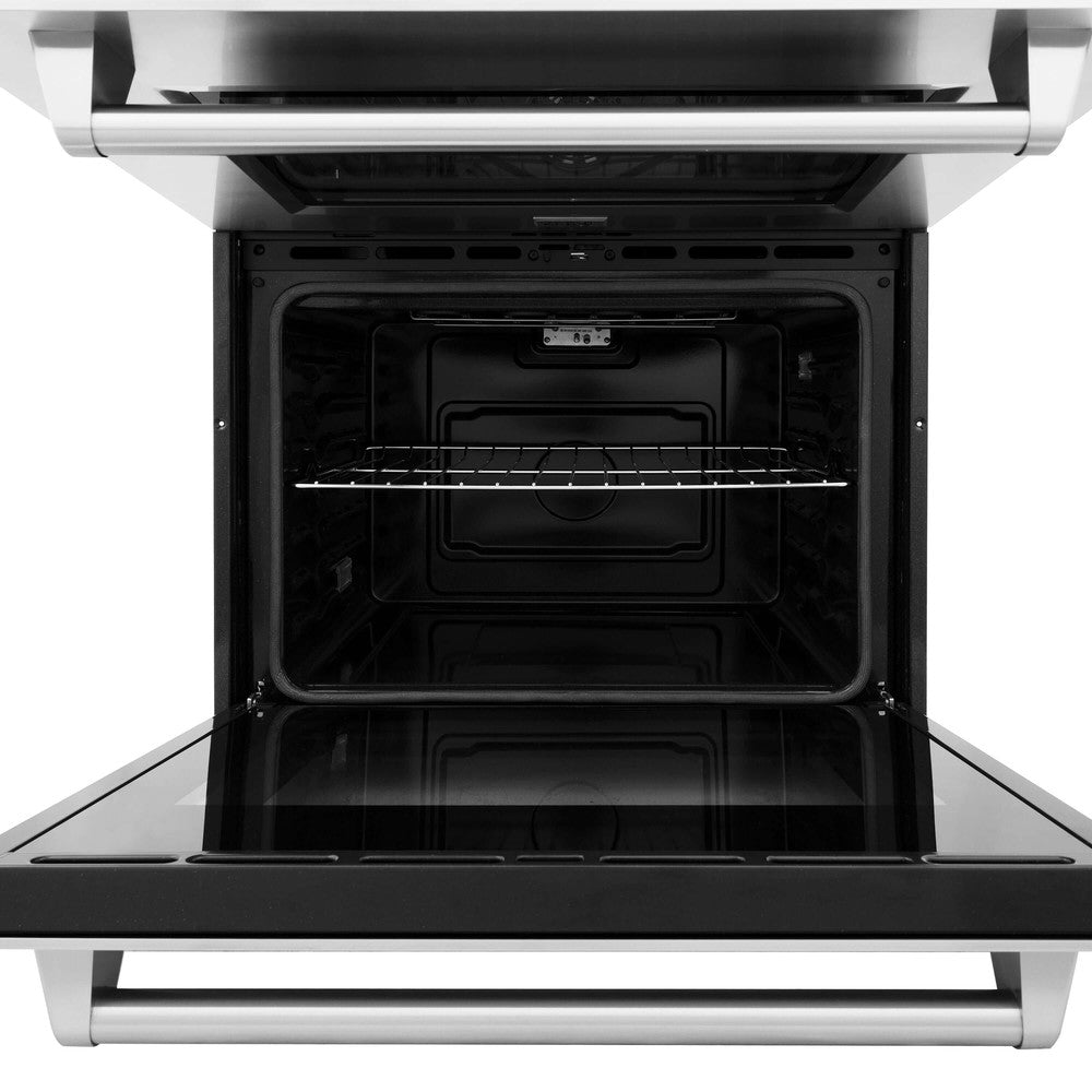ZLINE 30 in. Professional Electric Double Wall Oven with Self Clean and True Convection in Stainless Steel (AWD-30) front, close-up bottom oven open.