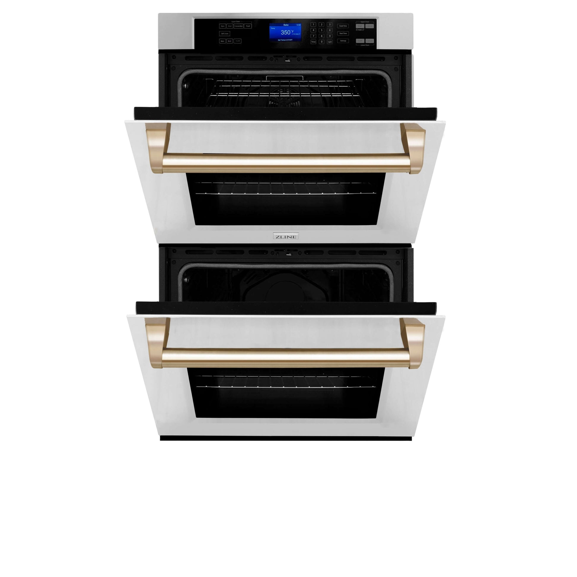 ZLINE Autograph Edition 30 in. Electric Double Wall Oven with Self Clean and True Convection in Stainless Steel and Polished Gold Accents (AWDZ-30-G) front, half open.