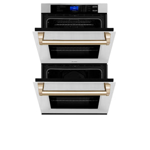 ZLINE Autograph Edition 30 in. Electric Double Wall Oven with Self Clean and True Convection in Stainless Steel and Polished Gold Accents (AWDZ-30-G) front, half open.