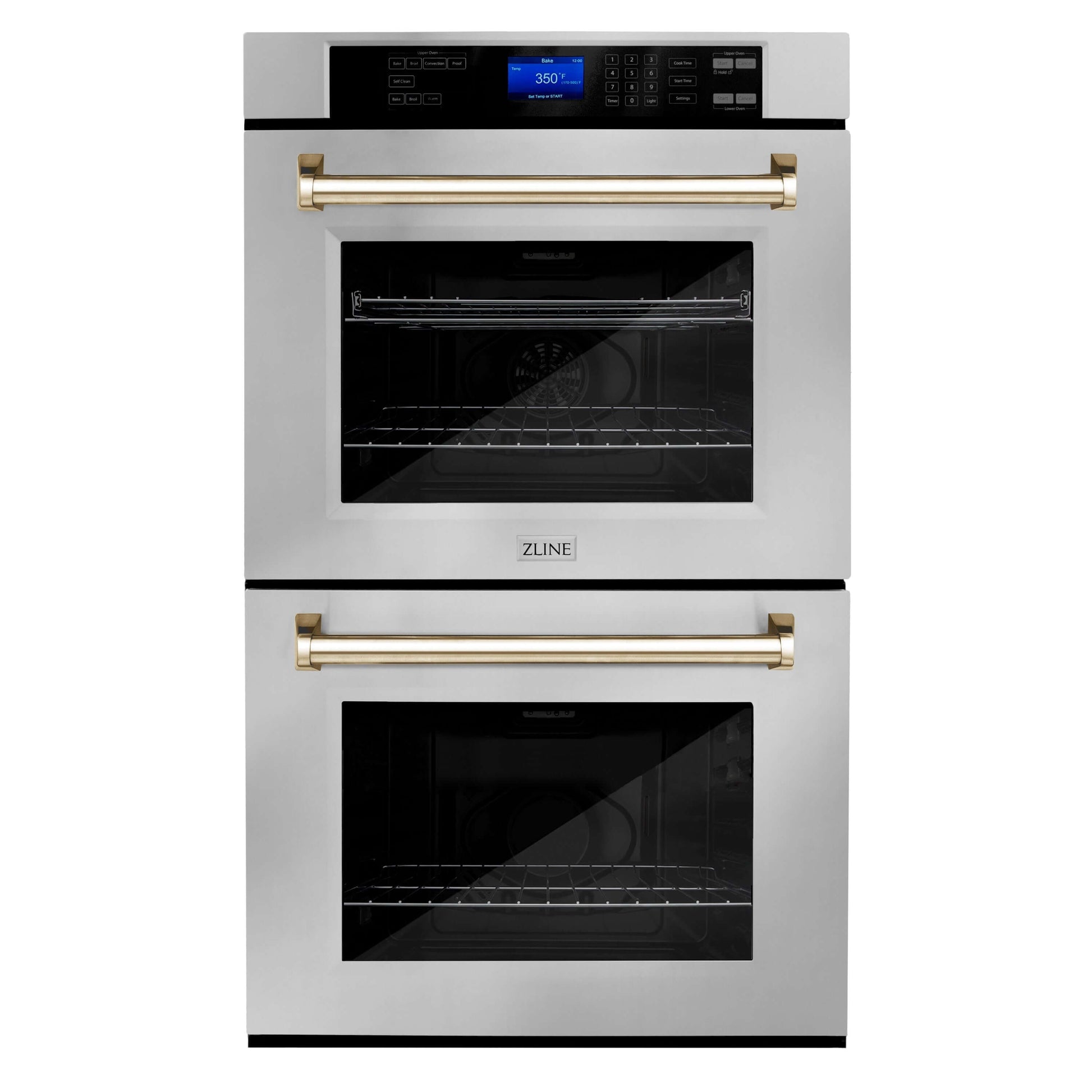 ZLINE Autograph Edition 30 in. Electric Double Wall Oven with Self Clean and True Convection in Stainless Steel and Polished Gold Accents (AWDZ-30-G) front.