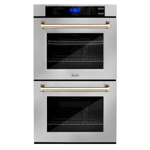 ZLINE Autograph Edition 30 in. Electric Double Wall Oven with Self Clean and True Convection in Stainless Steel and Polished Gold Accents (AWDZ-30-G) front.