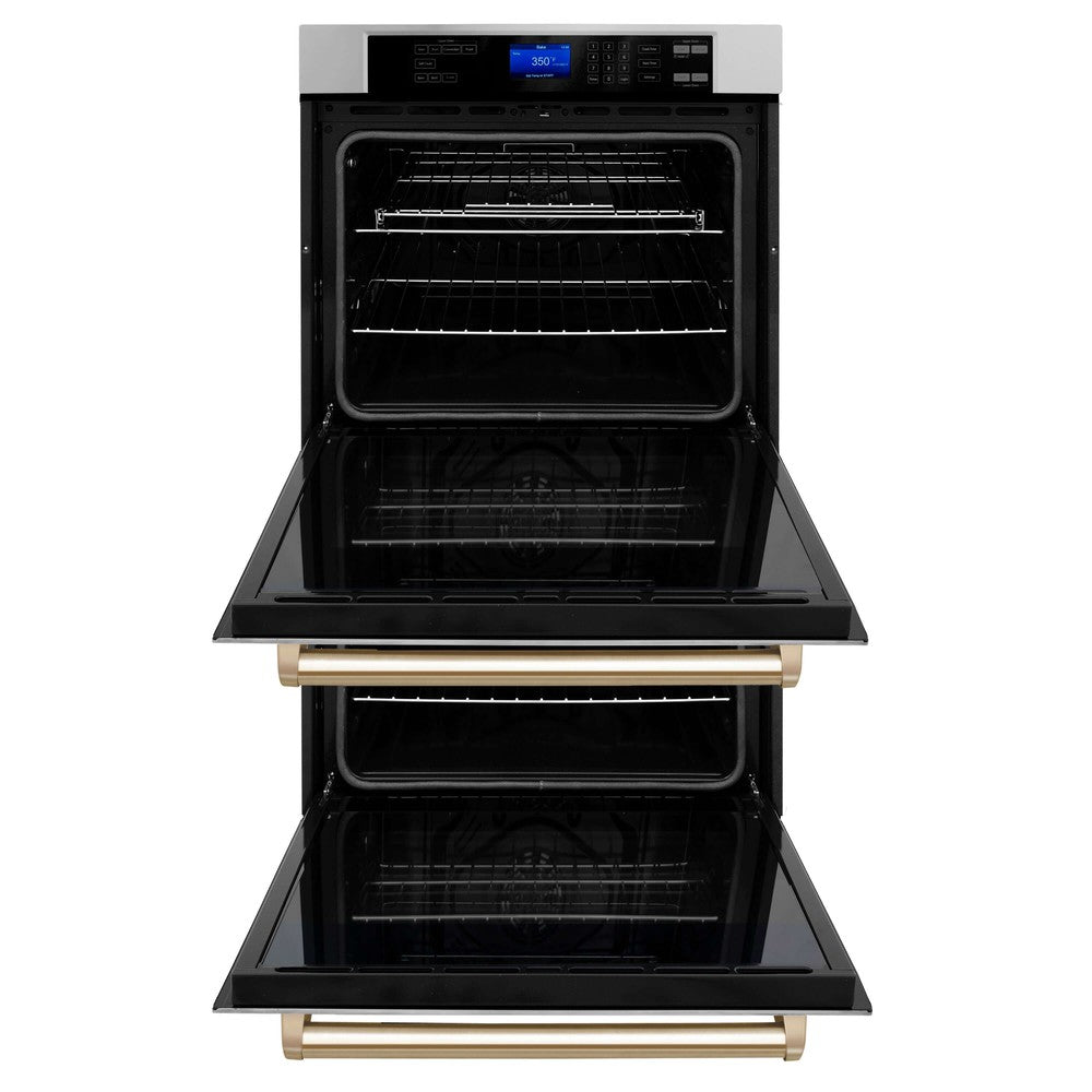 ZLINE Autograph Edition 30 in. Electric Double Wall Oven with Self Clean and True Convection in Stainless Steel and Polished Gold Accents (AWDZ-30-G) front, open.