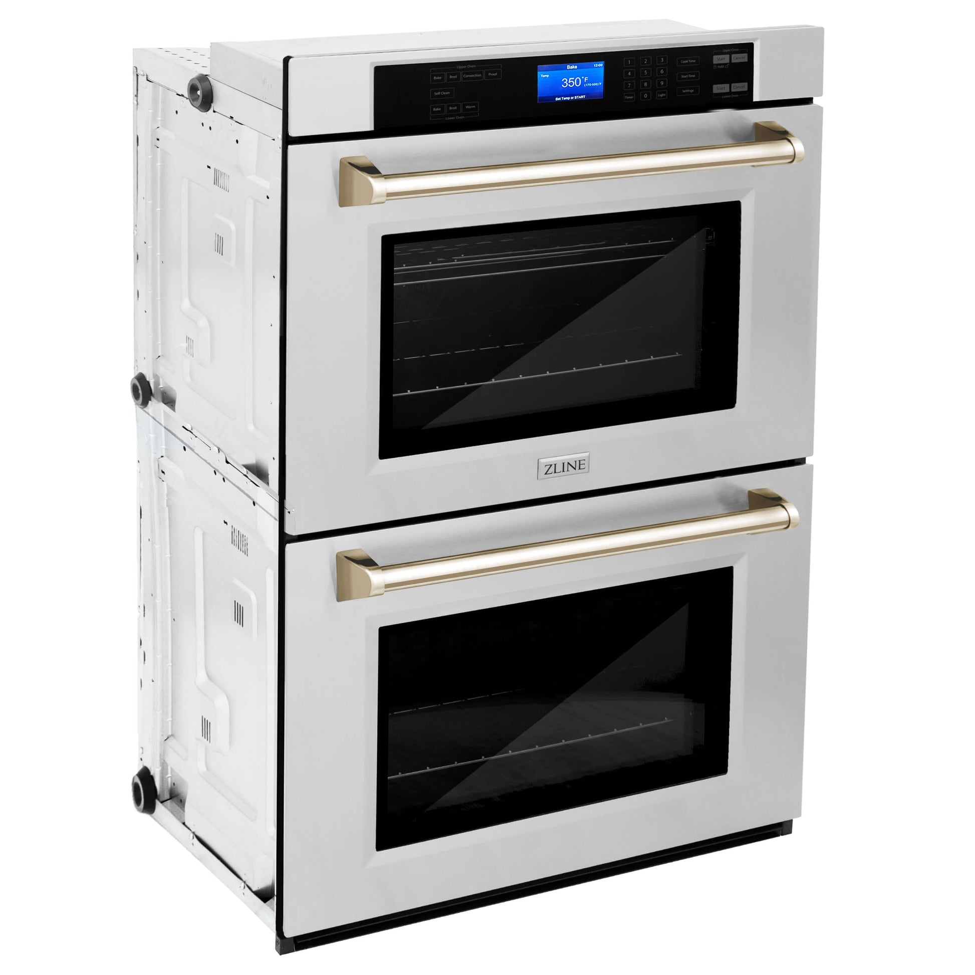 ZLINE Autograph Edition 30 in. Electric Double Wall Oven with Self Clean and True Convection in Stainless Steel and Polished Gold Accents (AWDZ-30-G) side, closed.