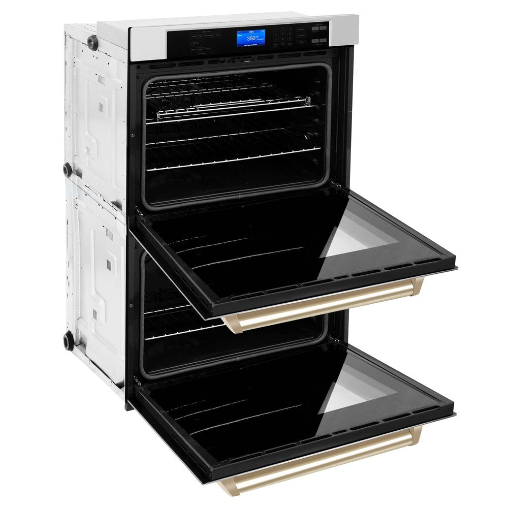 ZLINE Autograph Edition 30 in. Electric Double Wall Oven with Self Clean and True Convection in Stainless Steel and Polished Gold Accents (AWDZ-30-G) side, open.