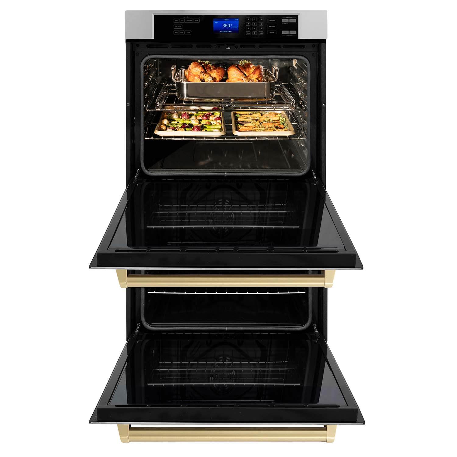 ZLINE Autograph Edition 30 in. Electric Double Wall Oven with Self Clean and True Convection in Stainless Steel and Polished Gold Accents (AWDZ-30-G) front, open with cooked food inside.